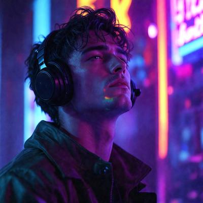 The primary subject of the image is a man wearing headphones and a jacket. He is looking down, possibly listening to music or engaging in a conversation. The setting is a room with a backdrop of a neon sign, which adds a vibrant and lively atmosphere to the scene. The visual style of the image is a photo, capturing the man's expression and the details of his surroundings. The colors and mood of the image are predominantly dark, with the neon sign providing